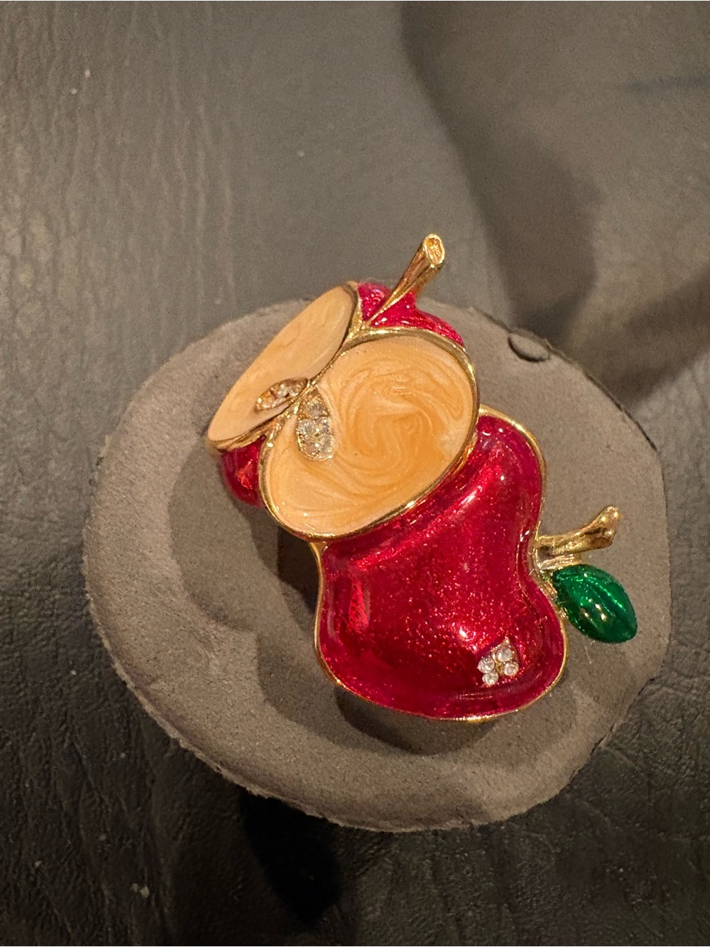 Sparkling Red Enamel Apple Brooch with Green Leaf and Gold Accents